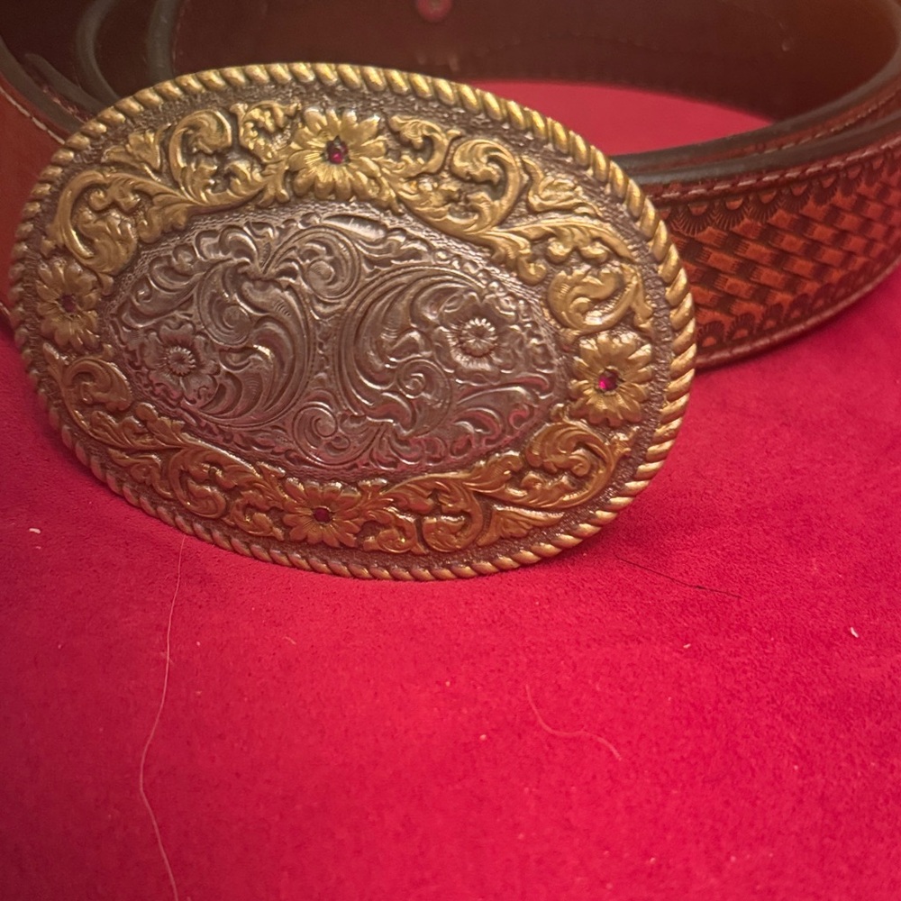 Brown Leather Nocona Belt with Ornate Bronze with silver plating Crumrine Buckle